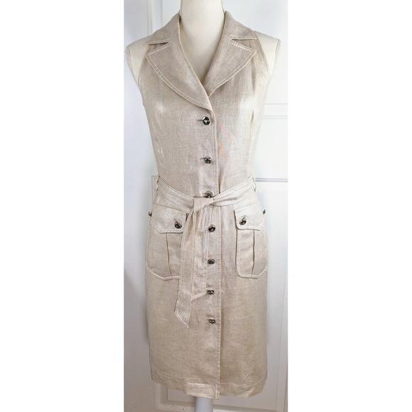Escada Natural Silver Metallic Button Front Linen Shirt Dress Eu 34 / US XS